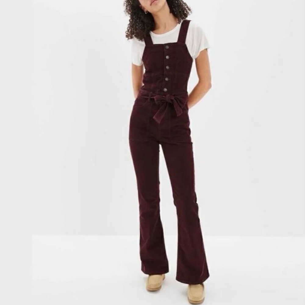American Eagle Outfitters Women’s Burgundy/Merlot Corduroy Kick Flare Overalls